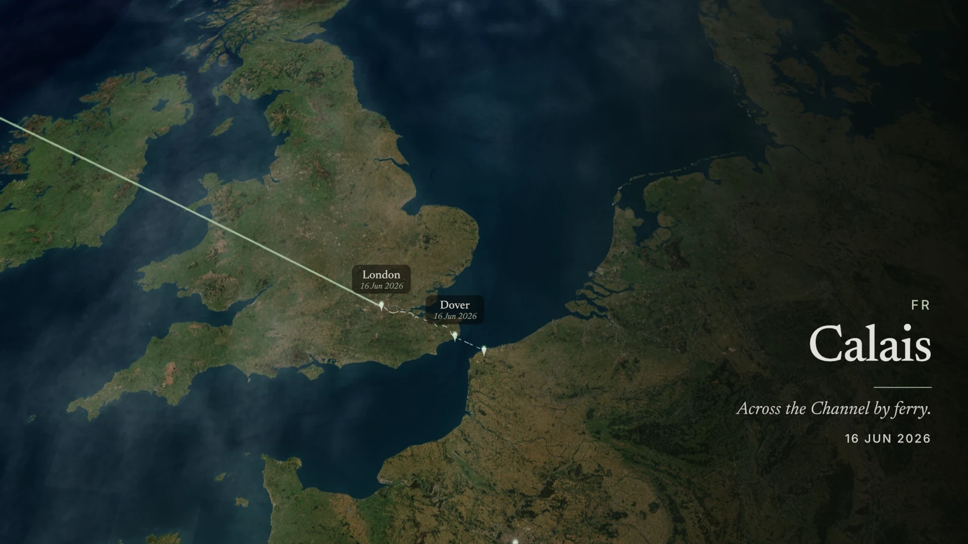 Full-screen TrailVid preview on Apple TV showing Calais, the English Channel, and the complete arrival title