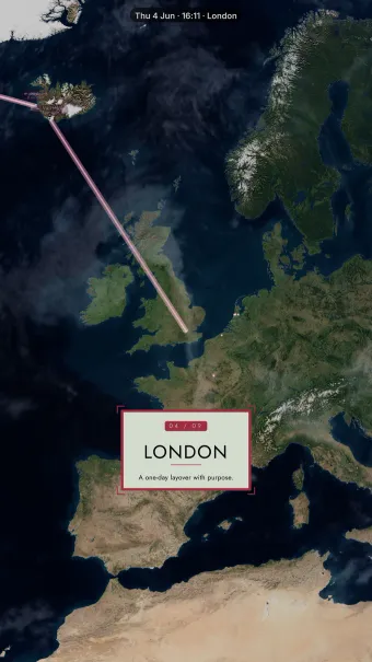 Chapter theme rendering the London arrival card over daylight Europe