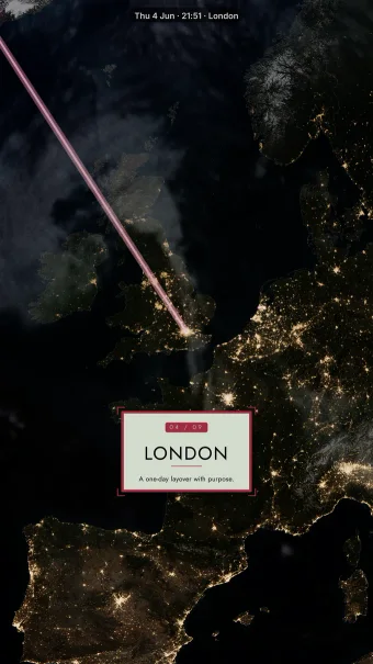 Chapter theme showing the London arrival over daylight Europe