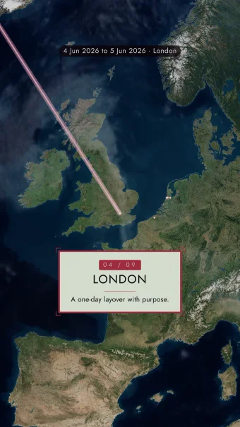 Chapter theme showing the London arrival over daylight Europe