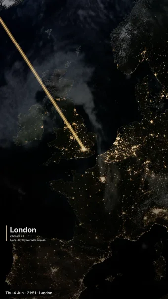Cinematic theme showing the London arrival over daylight Europe
