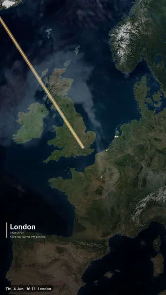 Cinematic theme rendering the London arrival card over daylight Europe