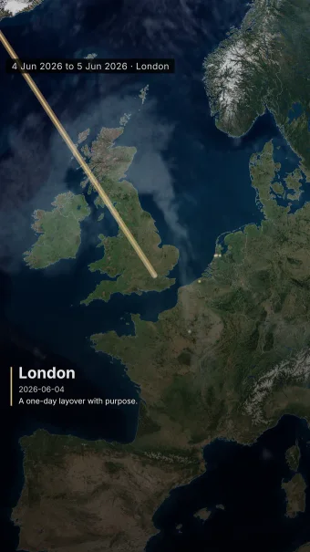 Cinematic theme showing the London arrival over daylight Europe