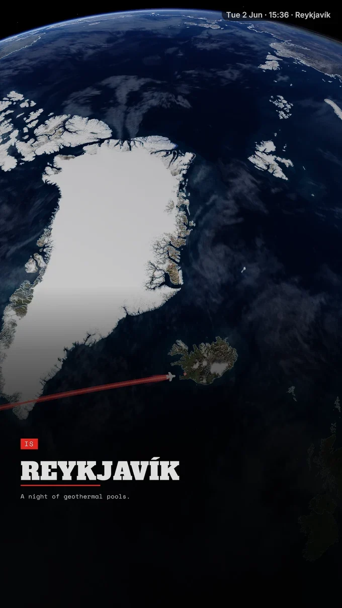 The Reykjavík arrival in the two-city TrailVid flight map