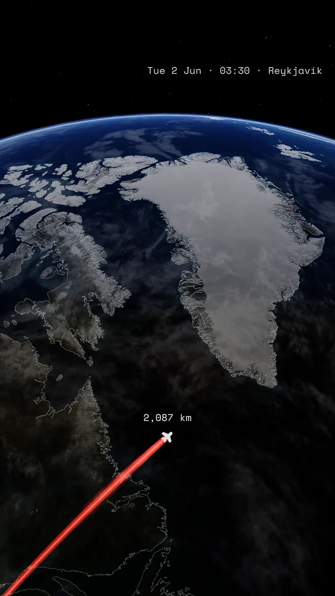 A raised red flight arc crossing the North Atlantic toward Reykjavík