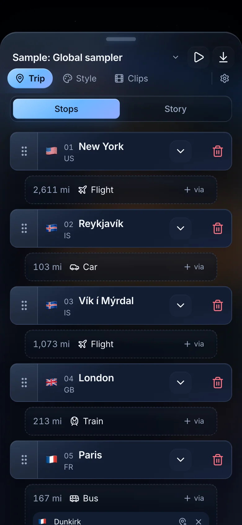 TrailVid itinerary for the nine-stop trip from New York to the North Sea