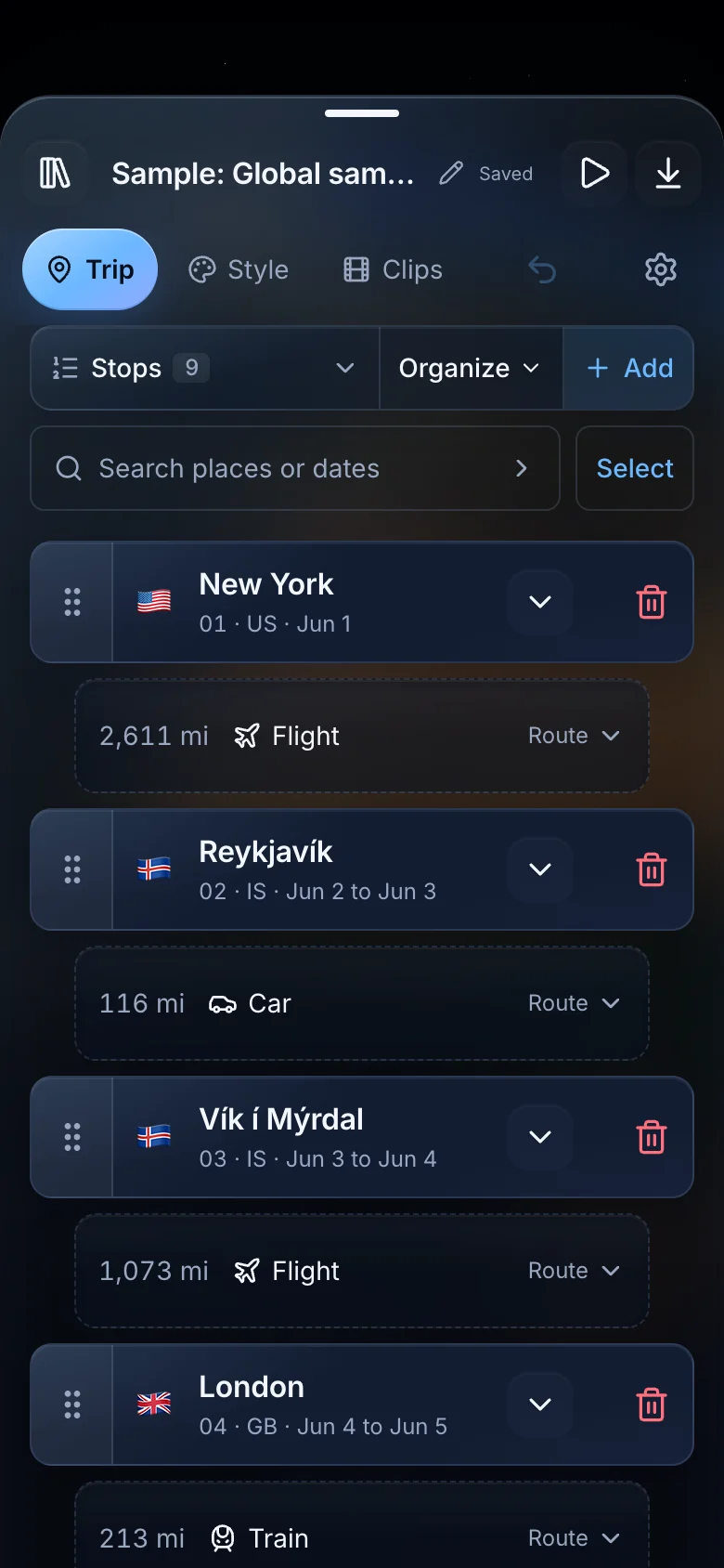 TrailVid itinerary for the nine-stop trip from New York to the North Sea