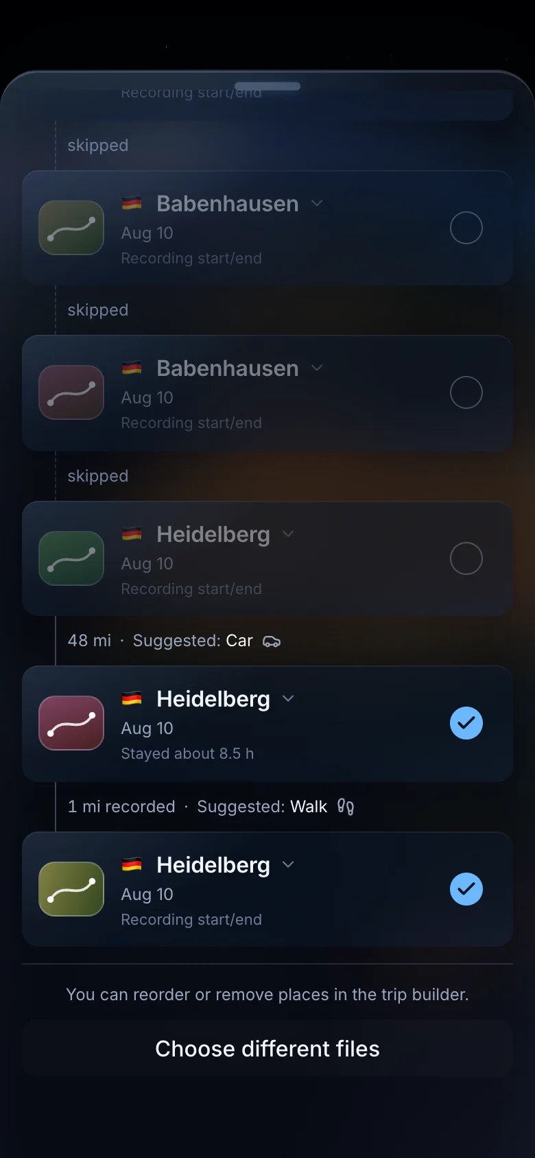 TrailVid GPX review showing a suggested car route and a shorter recorded walking leg