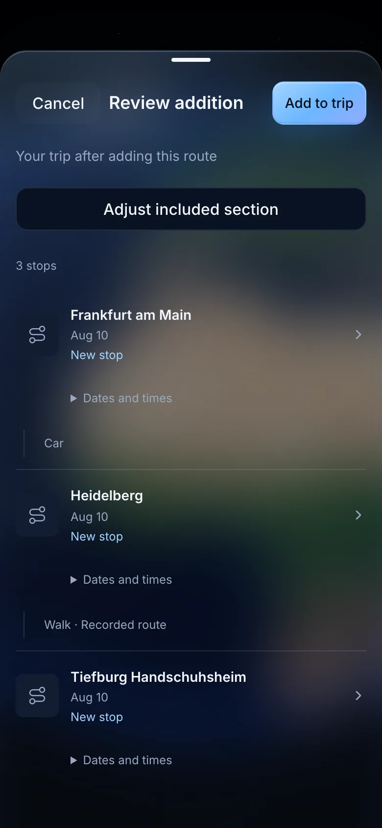 TrailVid reviewing the places included from the Frankfurt and Heidelberg sample GPX file