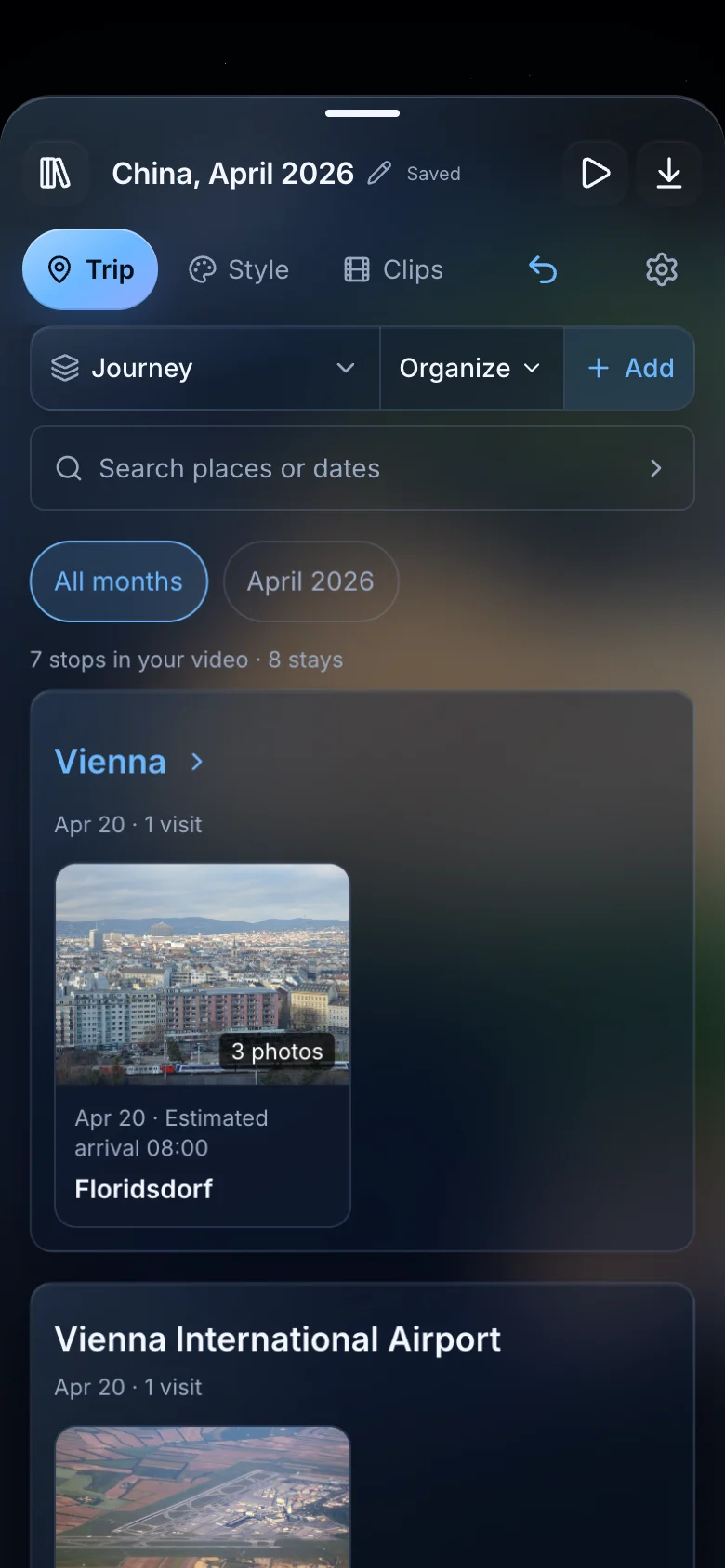 TrailVid Journey showing retained stays, dates and photos from the Vienna-to-China demonstration trip