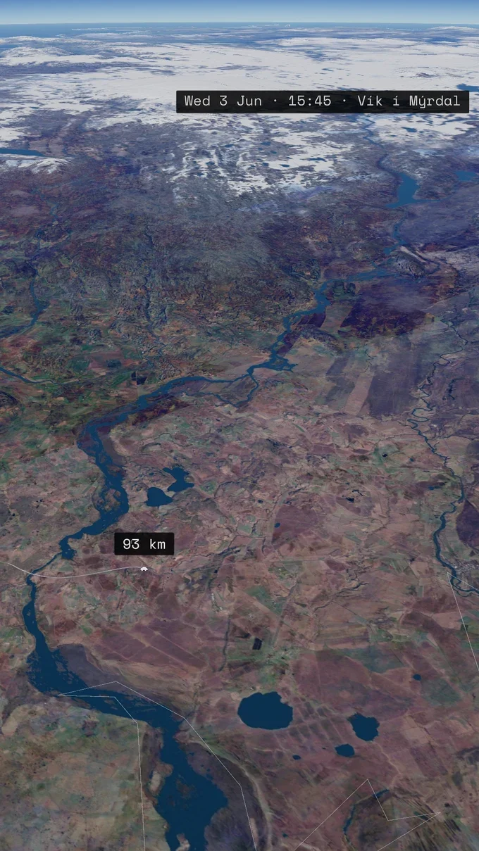 The car route from Reykjavík toward Vík crossing the Iceland landscape