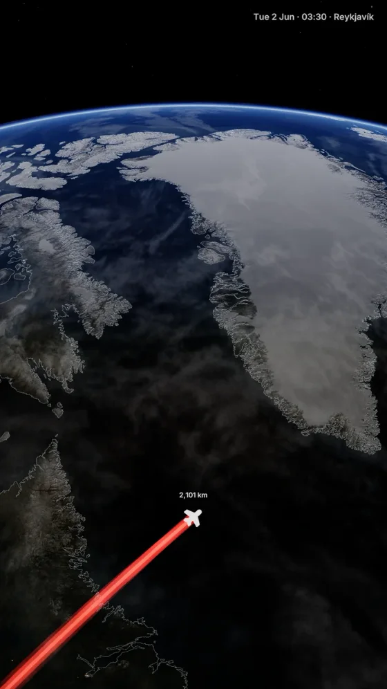 A TrailVid flight crossing the North Atlantic toward Reykjavík