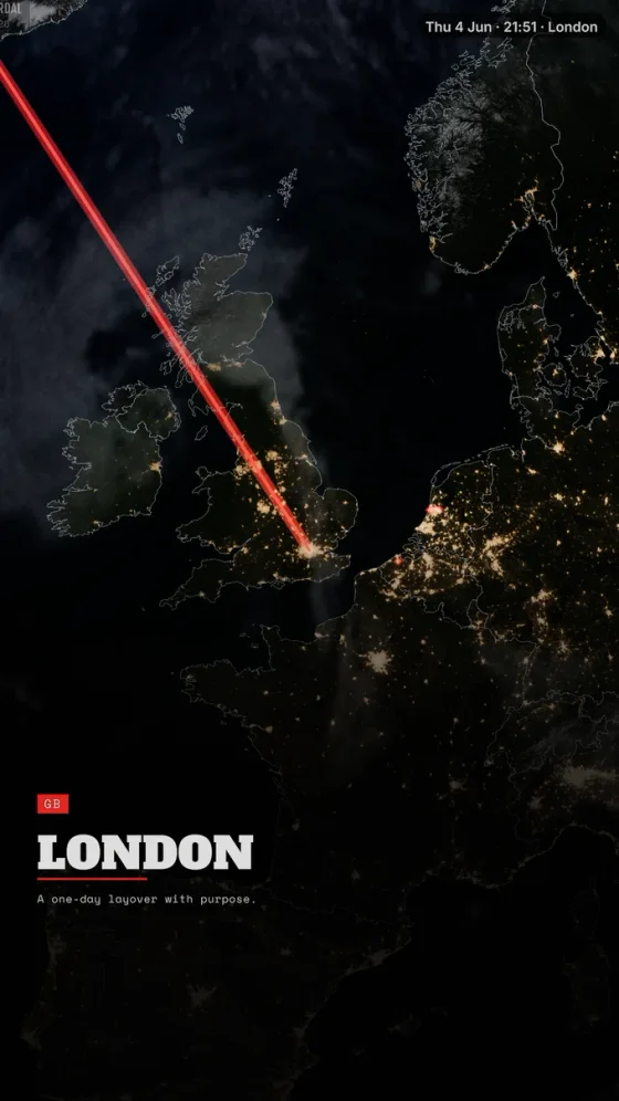 A TrailVid arrival frame labeling London after the Atlantic crossing