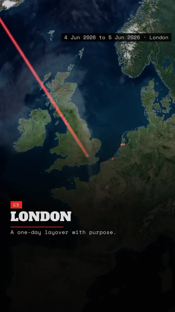 A TrailVid arrival frame labeling London after the Atlantic crossing