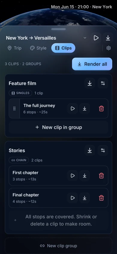 TrailVid on iPhone showing a full film and a connected two-part Stories series