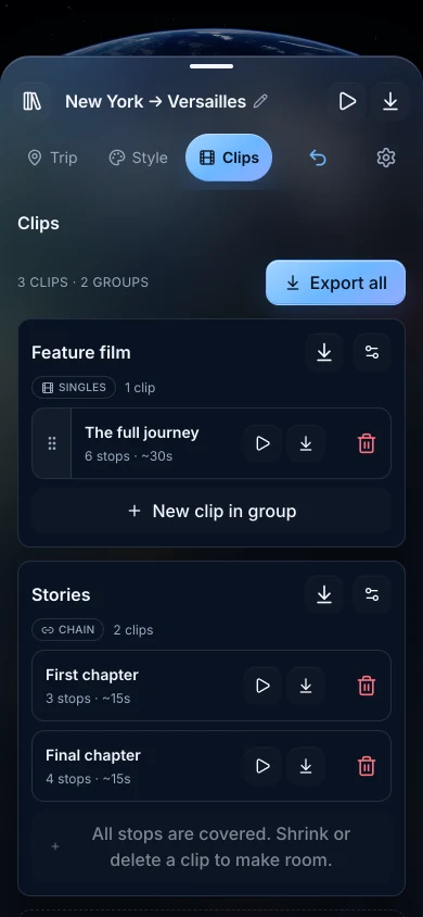TrailVid on iPhone showing a full film and a connected two-part Stories series