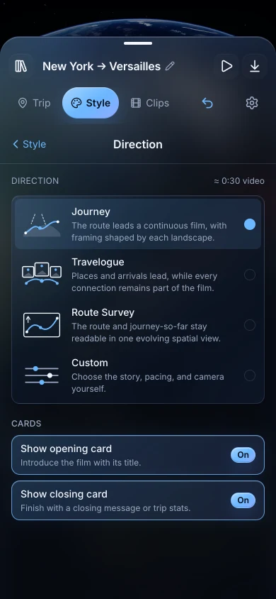 TrailVid on iPhone showing the Journey direction controls above the globe