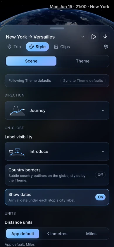 TrailVid on iPhone showing the Journey direction controls above the globe