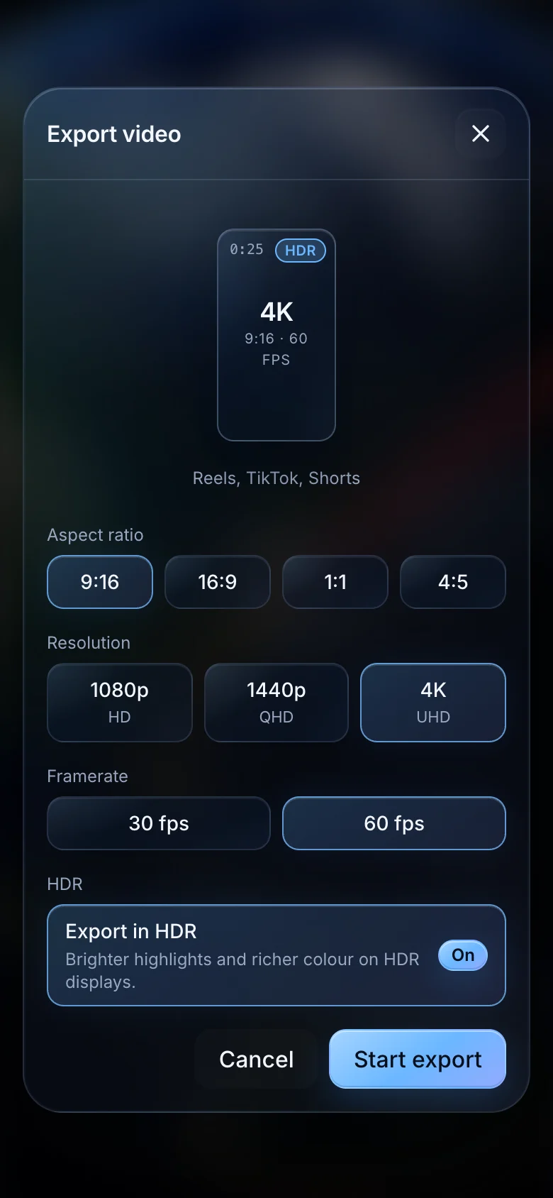 TrailVid on iPhone showing aspect ratio, resolution, frame rate, and HDR export controls