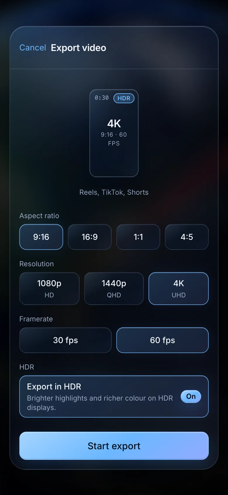TrailVid on iPhone showing aspect ratio, resolution, frame rate, and HDR export controls