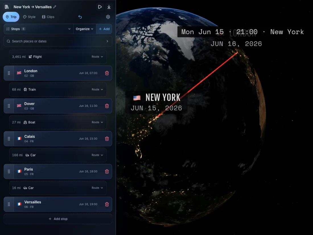 TrailVid on iPad showing the itinerary beside a large globe preview