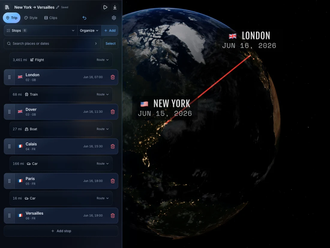 TrailVid on iPad showing the itinerary beside a large globe preview