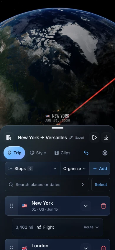 TrailVid on iPhone showing the New York to Versailles itinerary with transport choices above the globe