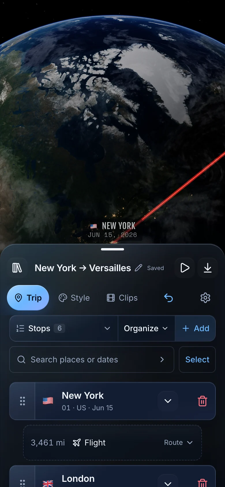 TrailVid on iPhone showing an ordered itinerary and transport modes
