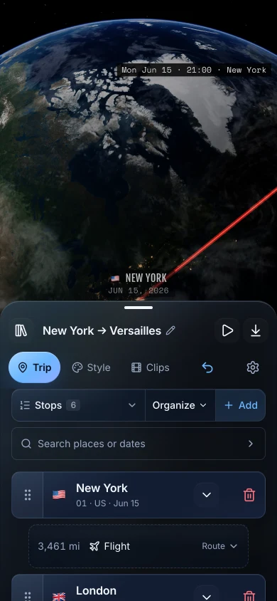 TrailVid on iPhone showing the New York to Versailles itinerary with transport choices above the globe