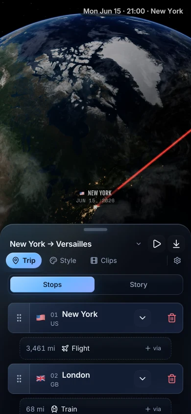 TrailVid on iPhone showing the New York to Versailles itinerary with transport choices above the globe