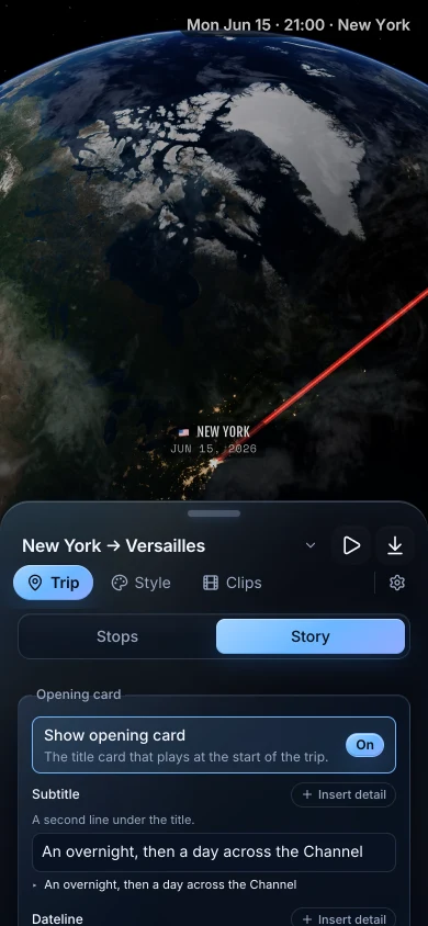 TrailVid on iPhone showing opening title and trip detail controls