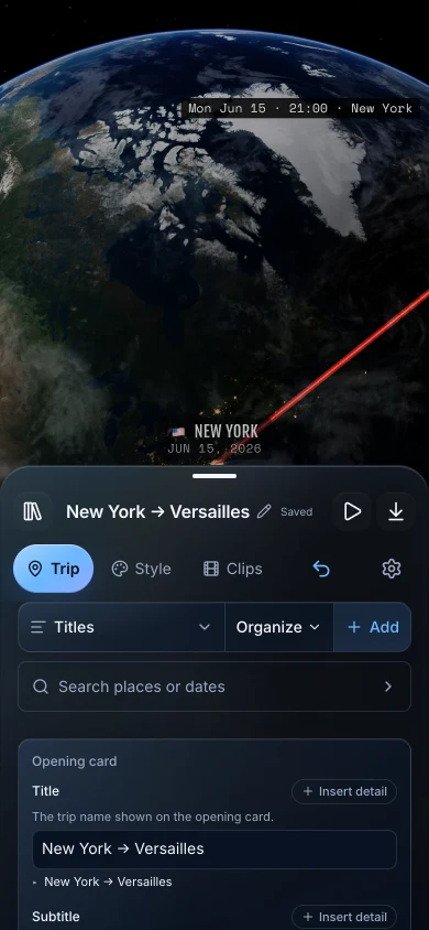 TrailVid on iPhone showing opening title and trip detail controls