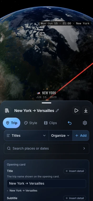 TrailVid on iPhone showing opening title and trip detail controls