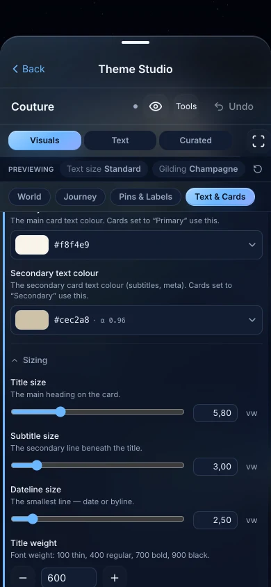 TrailVid on iPhone showing theme choices and visual style controls