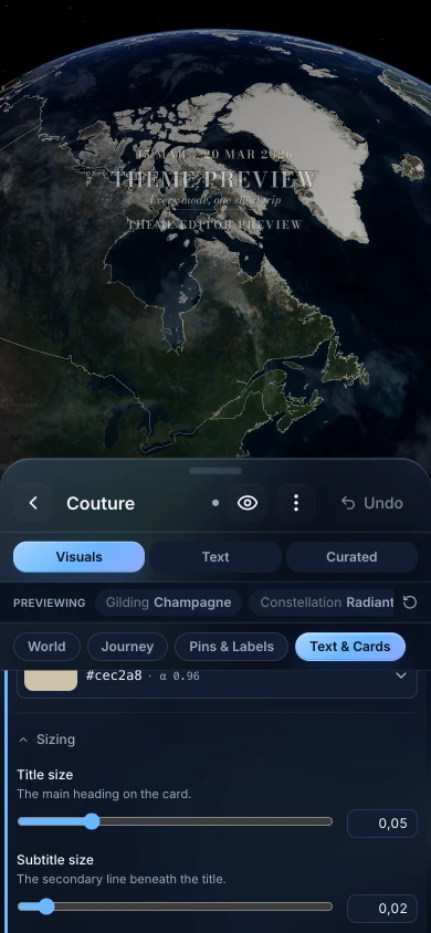 TrailVid on iPhone showing theme choices and visual style controls