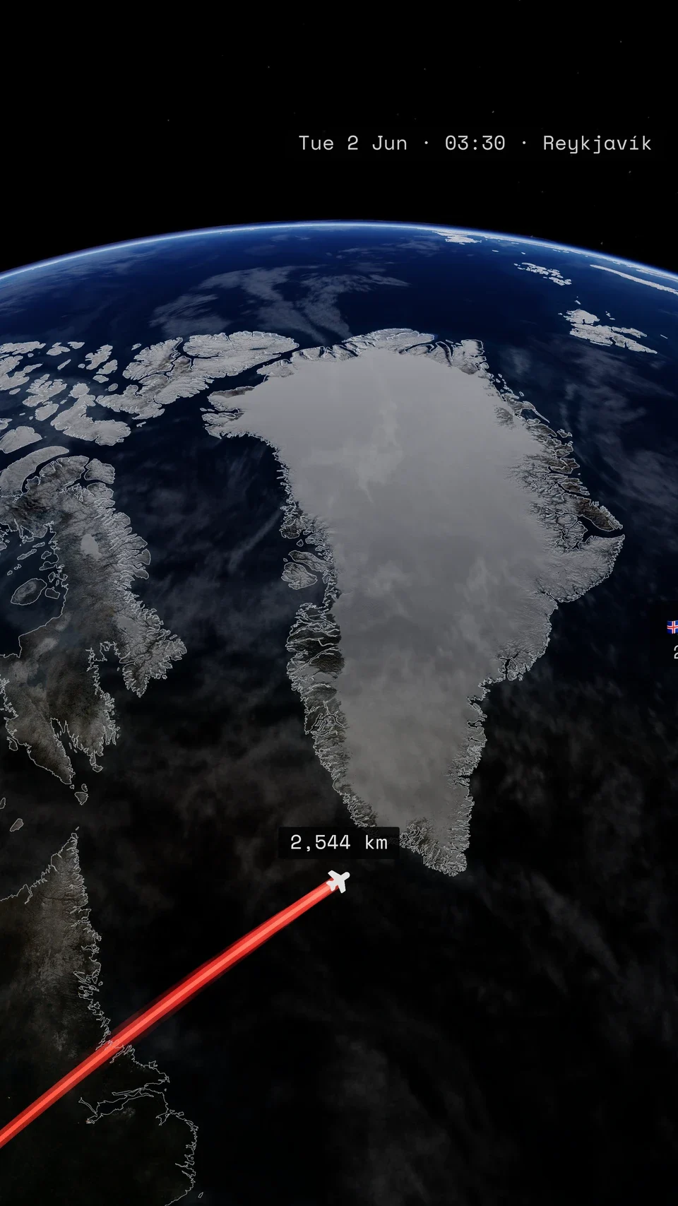 A TrailVid flight route crossing Greenland on a lit globe.