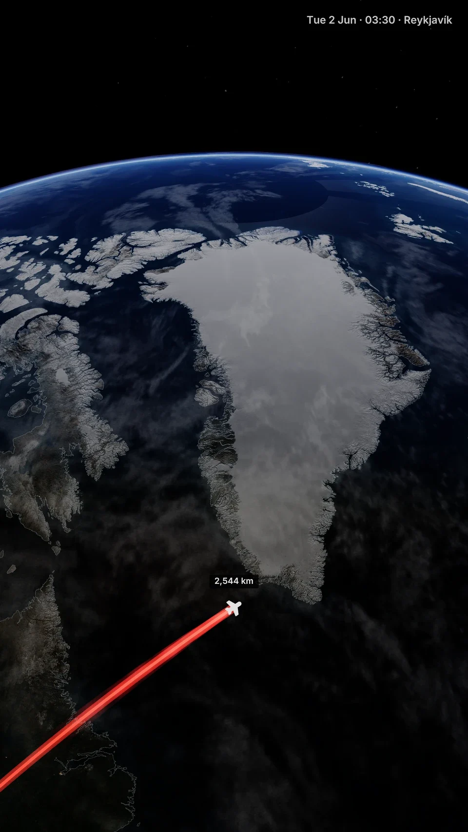 A TrailVid flight route crossing Greenland on a lit globe.