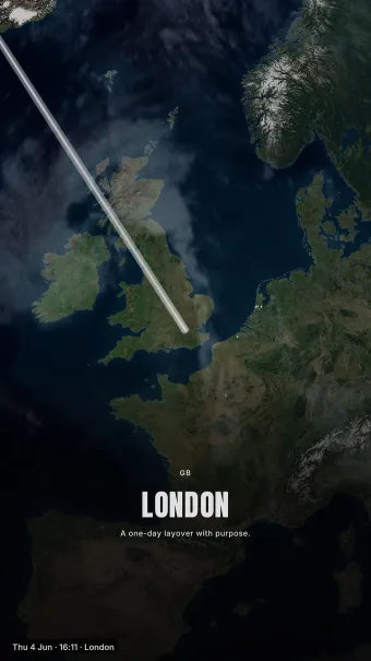 Monument theme rendering the London arrival card over daylight Europe