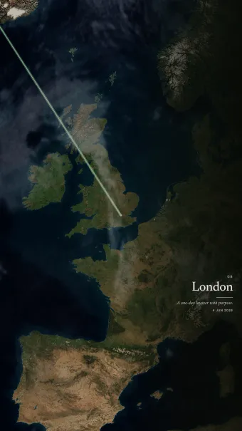 Serein theme rendering the London arrival card over daylight Europe