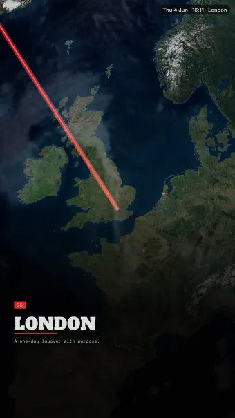 Signal theme rendering the London arrival card over daylight Europe